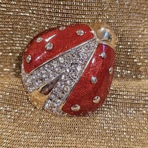 Vintage Givenchy Ladybug Brooch Red Enamel Crystal Rhinestones Gold Tone - FLAW